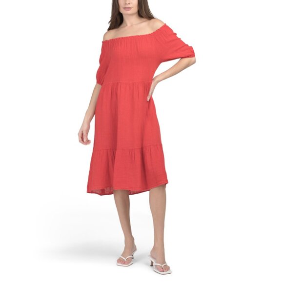 ALESSIA PACINI  Italy Linen Tiered Midi Dress With Balloon Sleeves - Picture 1 of 2